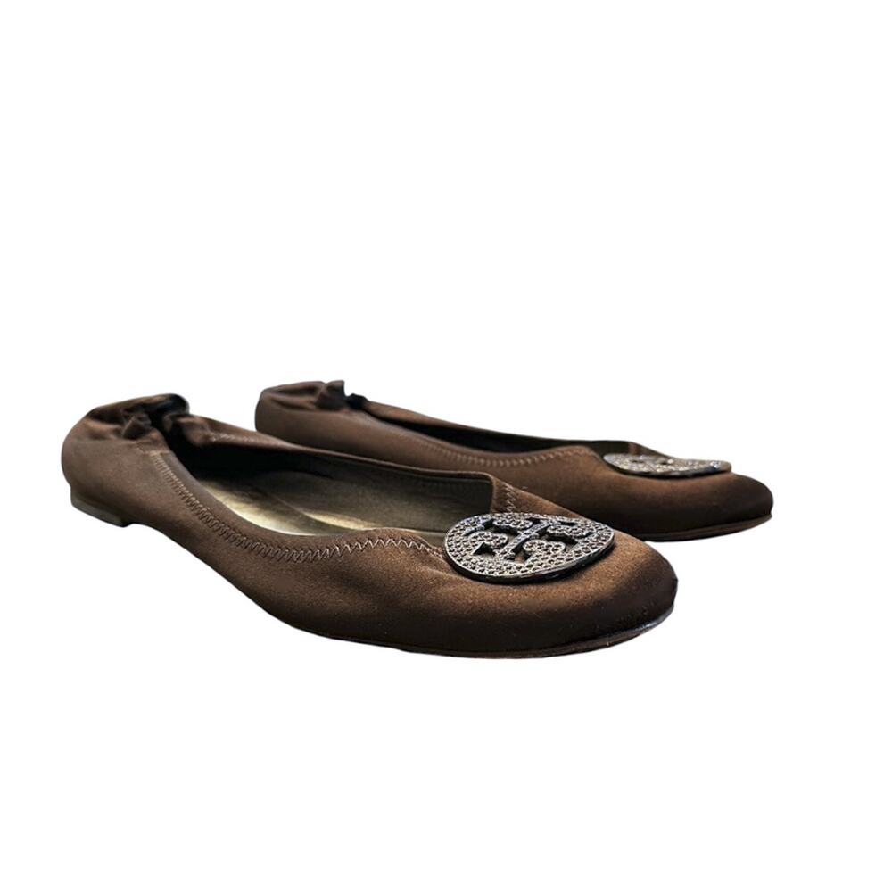 Tory Burch Minnie Crystal Reva Embellished Logo Ballet Flats Size 10 Brown - Picture 4 of 10